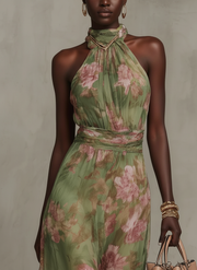 Florence | Green Floral Chiffon Halter Maxi Dress
