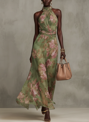 Florence | Green Floral Chiffon Halter Maxi Dress