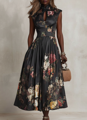 Patricia | Black Floral Satin Pleated Midi Dress