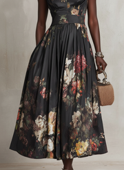 Patricia | Black Floral Satin Pleated Midi Dress