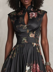 Patricia | Black Floral Satin Pleated Midi Dress