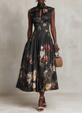 Patricia | Black Floral Satin Pleated Midi Dress