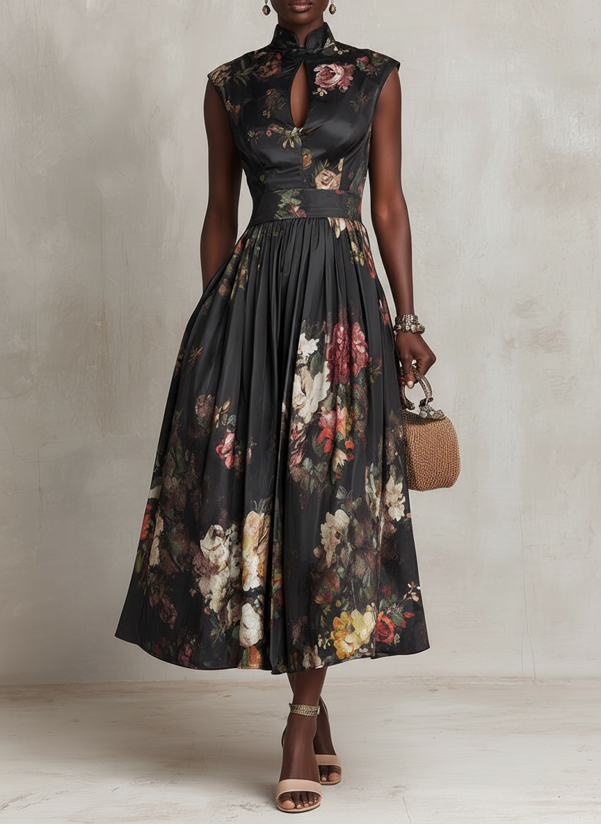 Patricia | Black Floral Satin Pleated Midi Dress