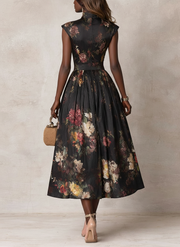 Patricia | Black Floral Satin Pleated Midi Dress