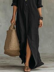 Soline™ | Oversized Black Maxi Dress with Buttons