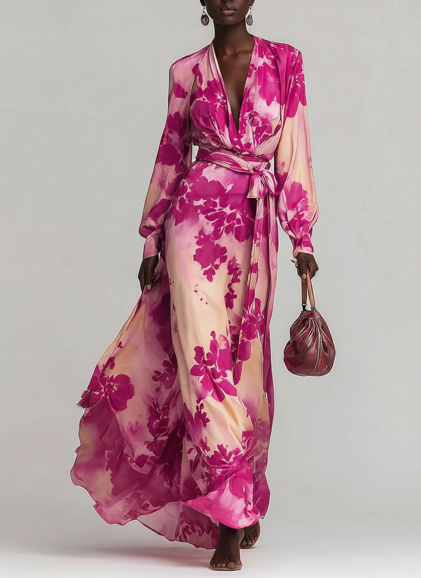 Julia | Rose Floral V-Neck Belted Maxi Dress