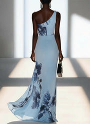 Victoria | Satin Ink Print Off-Shoulder Maxi Dress
