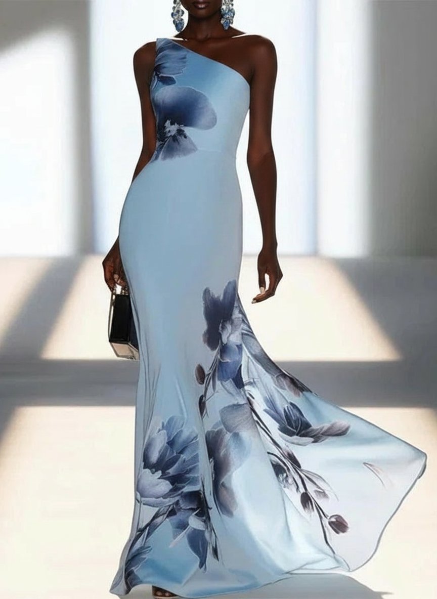 Victoria | Satin Ink Print Off-Shoulder Maxi Dress