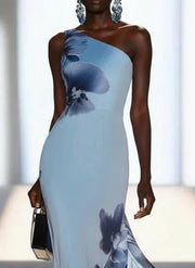 Victoria | Satin Ink Print Off-Shoulder Maxi Dress