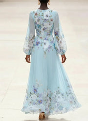 Mia | Light Blue Floral Chiffon V-Neck Maxi Dress