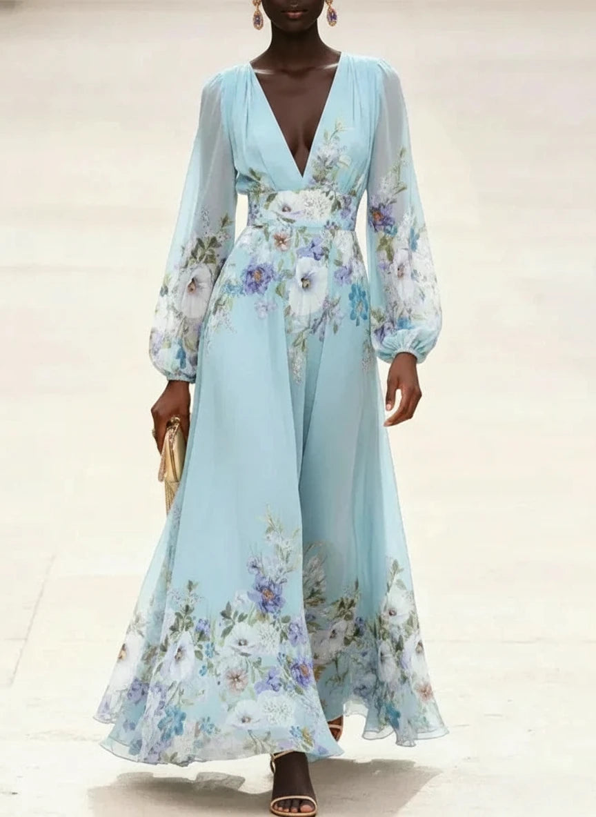 Mia | Light Blue Floral Chiffon V-Neck Maxi Dress