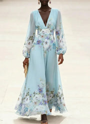 Mia | Light Blue Floral Chiffon V-Neck Maxi Dress