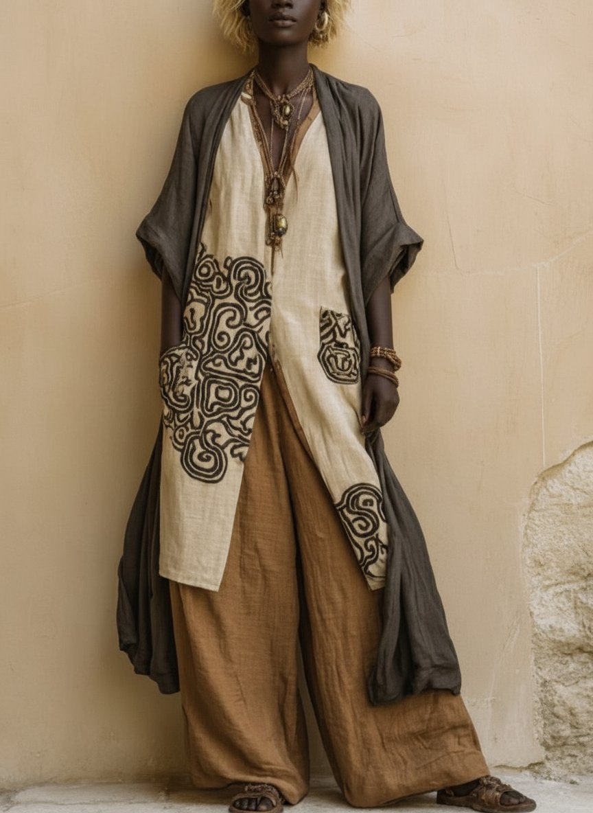 Sophie | Dark Gray & Brown Tribal Print Three-Piece Set