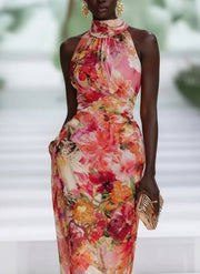Fae | Red Chiffon Floral Sleeveless Maxi Dress