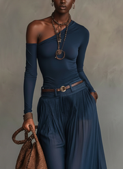 Lore | Navy One-shoulder Top And Skirt Two-piece Set