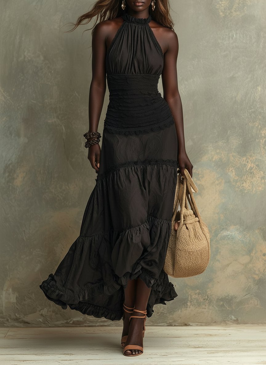 Susie | Bohemian High-necked Ruffled Lace Maxi Dress