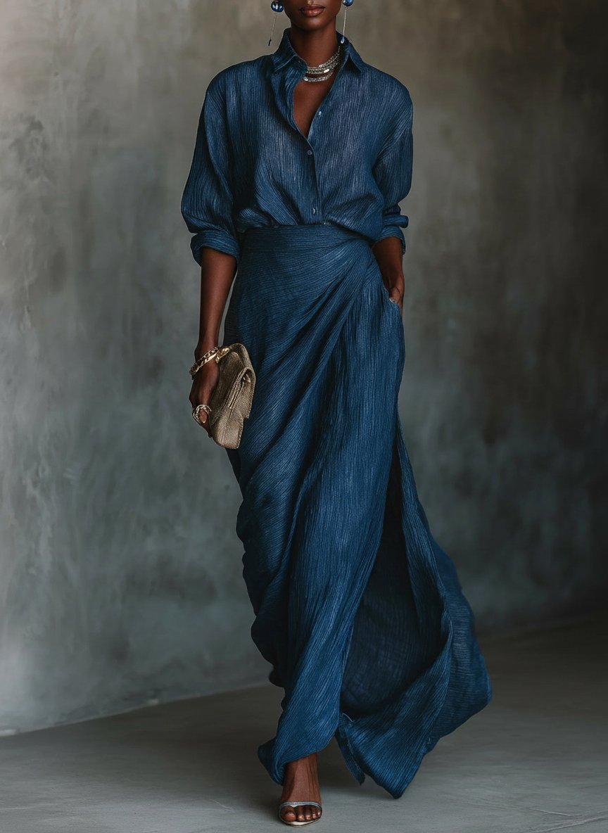 Jenny | Elegant Blue Blend Shirt Long Skirt Set