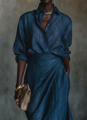 Jenny | Elegant Blue Blend Shirt Long Skirt Set