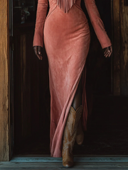 Vintaje Western Tassel Embroidered Pink Faux Suede Maxi Dress