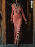 Vintaje Western Tassel Embroidered Pink Faux Suede Maxi Dress