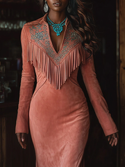 Vintaje Western Tassel Embroidered Pink Faux Suede Maxi Dress