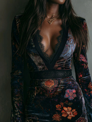 Floral Print V-Neck Velvet Lace Trim Slim-Fit Mini Dress