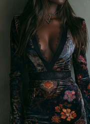 Floral Print V-Neck Velvet Lace Trim Slim-Fit Mini Dress