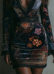 Floral Print V-Neck Velvet Lace Trim Slim-Fit Mini Dress