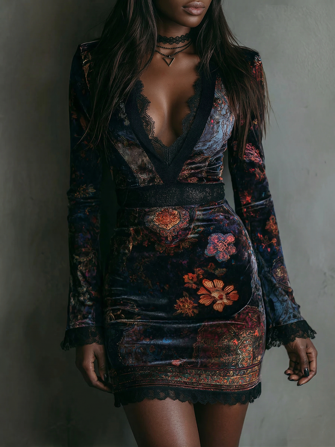 Floral Print V-Neck Velvet Lace Trim Slim-Fit Mini Dress