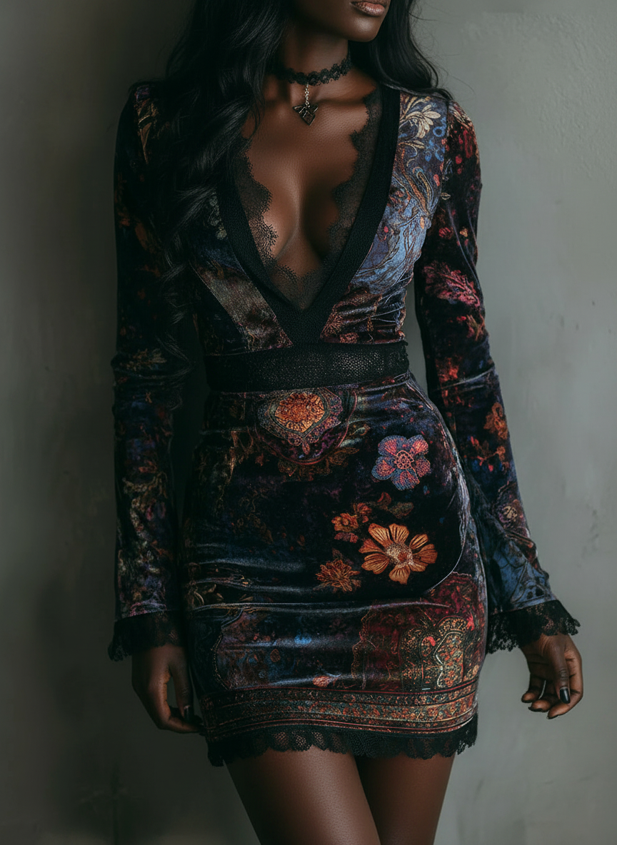 Floral Print V-Neck Velvet Lace Trim Slim-Fit Mini Dress