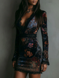 Floral Print V-Neck Velvet Lace Trim Slim-Fit Mini Dress