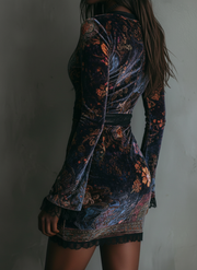 Floral Print V-Neck Velvet Lace Trim Slim-Fit Mini Dress