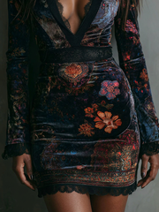 Floral Print V-Neck Velvet Lace Trim Slim-Fit Mini Dress