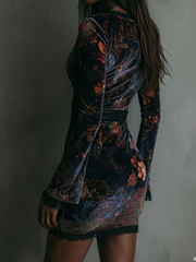 Floral Print V-Neck Velvet Lace Trim Slim-Fit Mini Dress