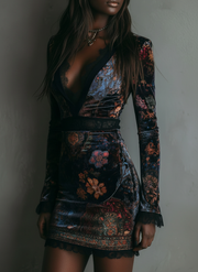 Floral Print V-Neck Velvet Lace Trim Slim-Fit Mini Dress