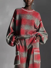Redd and Gray Checked Color-Blocked Sweatshirt and Casual Pants Two-Piece Set