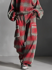 Redd and Gray Checked Color-Blocked Sweatshirt and Casual Pants Two-Piece Set