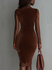 Brown Vintage Keyhole Neckline Lace Sleeve Velvet Mini Dress