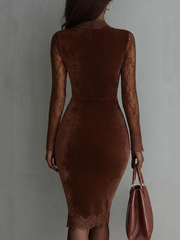 Brawn Vintage Keyhole Neckline Lace Sleeve Velvet Mini Dress