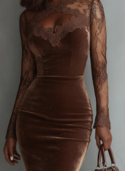 Brawn Vintage Keyhole Neckline Lace Sleeve Velvet Mini Dress