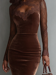 Brawn Vintage Keyhole Neckline Lace Sleeve Velour Mini Dress