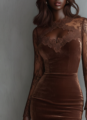 Brawn Vintage Keyhole Neckline Lace Sleeve Velvet Mini Dress