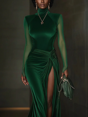 Green Velvet Sleeveless Maxi Dress with High Slits