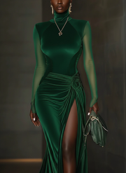 Green Velvet Sleeveless Maxi Dress with High Slits
