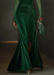 Green Velvet Sleeveless Maxi Dress with High Slits