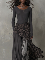 Grayt Pit Stripe Leopard Print Splicing Asymmetrical Hem Maxi Dress