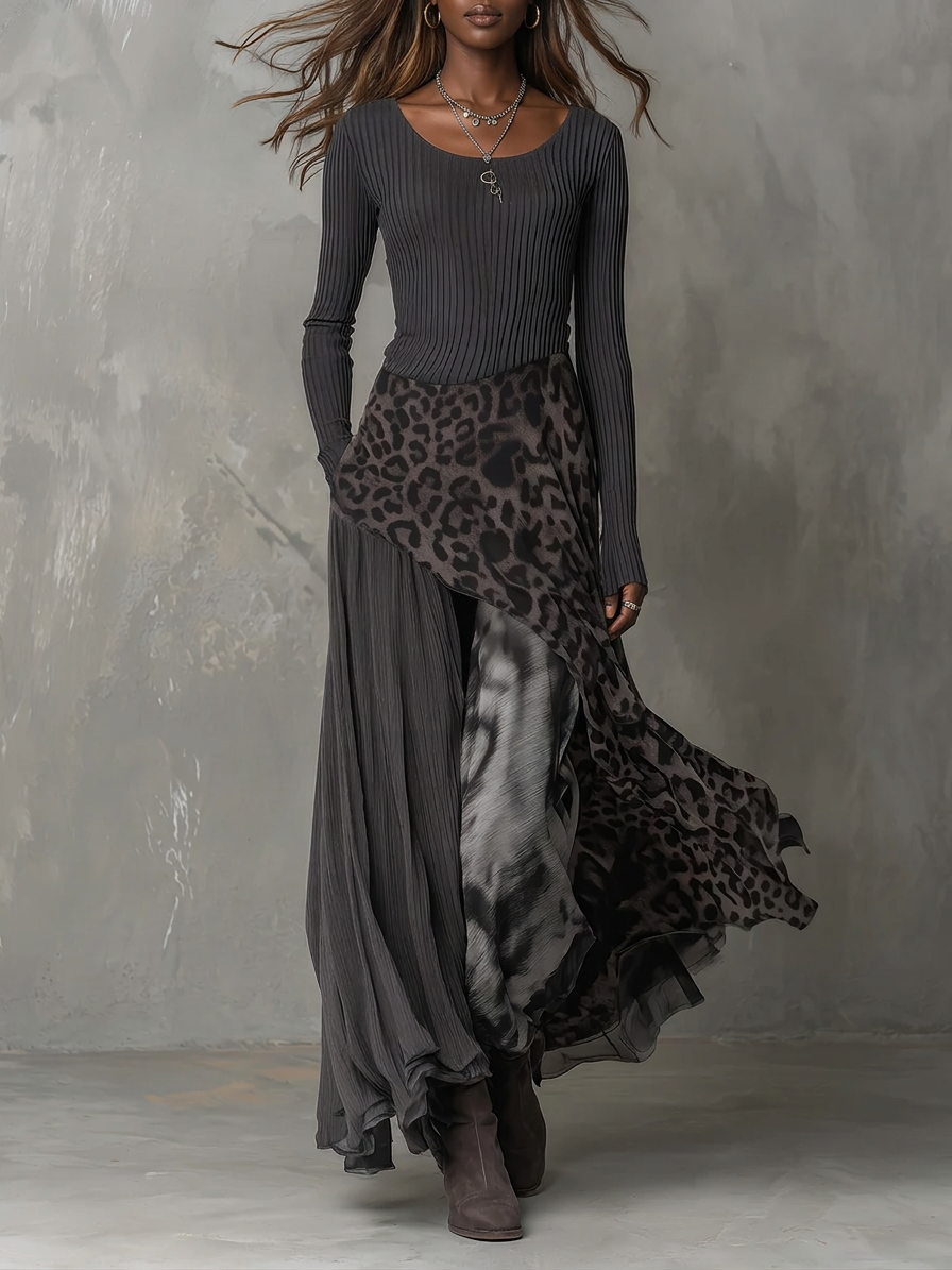 Grayt Pit Stripe Leopard Print Splicing Asymmetrical Hem Maxi Dress