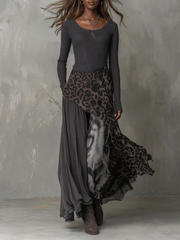 Grayt Pit Stripe Leopard Print Splicing Asymmetrical Hem Maxi Dress