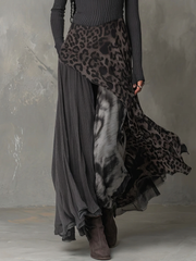 Grayt Pit Stripe Leopard Print Splicing Asymmetrical Hem Maxi Dress