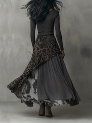 Grayt Pit Stripe Leopard Print Splicing Asymmetrical Hem Maxi Dress